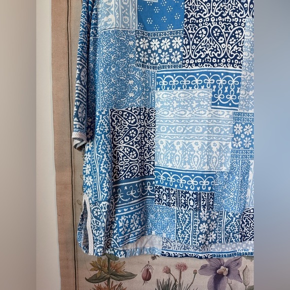 J McLaughlin 3/4 Sleeve Patchwork Paisley Tunic Top Cover Up Beach Blue Large - Picture 10 of 12